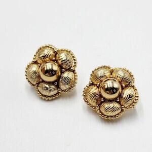 Vintage Cluster Clip On Earrings Gold Tone Metal Chic Round Stud High Quality